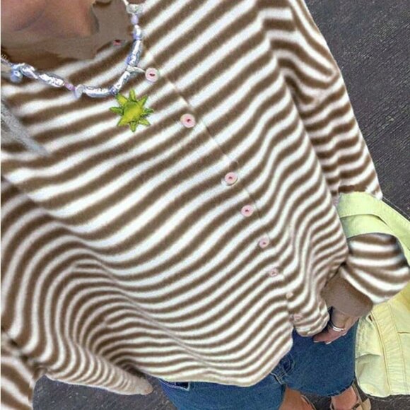 Brown Casual Women's Vivid Style Street Striped Knit Cardigan sweater - Picture 5 of 7